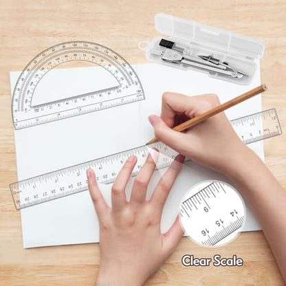 3 Pcs Clear Protractor and Compasses Set, Plastic Clear Ruler 12 Inch | Professional Geometry Set, 6 Inch Protractor ,Durable Transparent Drawing Measuring Rulers for School Office
