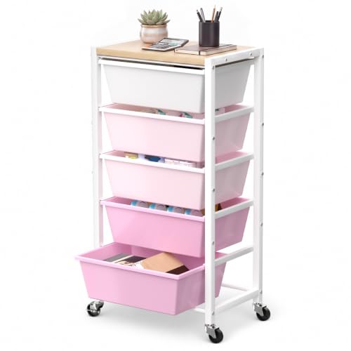 Rolling Cart with 5 Drawers, Plastic Drawer Storage Carts with Wheels & Wooden Tabletop, Metal Utility Cart for Office Bedroom Living Room Classroom, Craft Organization and Storage, Pink - color: Pink