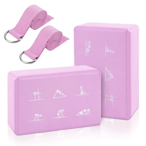 2 Yoga Block and 2 Yoga Strap Set,Non-slip EVA Foam Blocks, High Density Yoga Bricks with 6ft Strap, Supportive Latex-Free Yoga Block Accessories for Pilates - color: Pink
