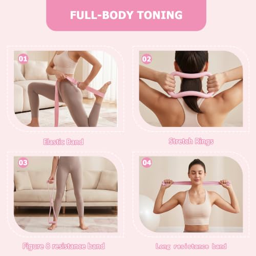 Pilates Kit for Women 18PCS, Home Pilates Workout Kit for Beginners | with 9-inch Pilates rings and balls, Elastic bands, Foot covers, Stretch bands Essential Accessories for Home Workouts