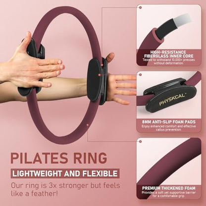 PhysKcal Pilates Kit, 15-Inch Pilates Ring with 1x Pilates Ball & 5X Bands | Aesthetic Home Pilates Equipment Set, Essential Kit for Beginners in Minimalist Style. Comes in Premium Packaging - color: Plum