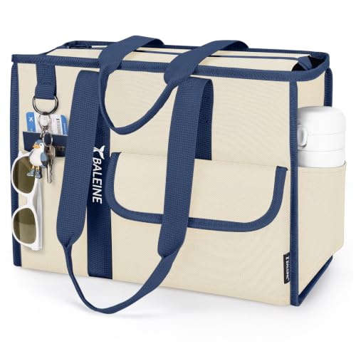 BALEINE Utility Tote Bag for Women with Zipper, Teacher Nurse Work Bag | Detachable Reinforced Bottom, Water Resistant Oxford, Multiple Organized Pockets, Foldable Lightweight for Travel Shopping - color: Beige/Blue, size: Medium