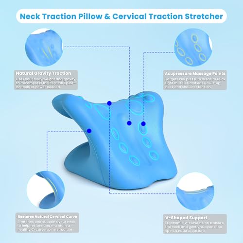 Neck Stretcher Cervical Traction Device, Neck Hump Corrector for TMJ Pain and Shoulder Pain Relief, Neck and Shoulder Relaxer, Ergonomic Pain Pillow for Spine (Blue)