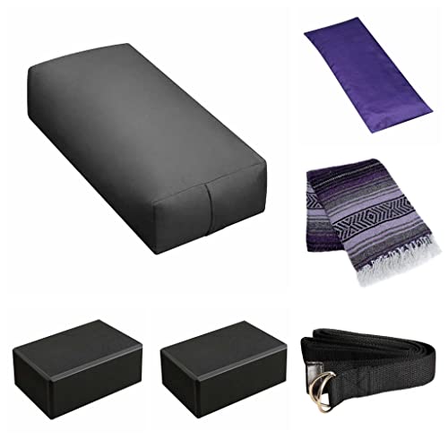6 Piece Restorative Yoga Kit | Includes 1 Yoga Bolster (24"x12"x6"), 2 Blocks (4"x6"x 9"), 1 6ft D-Ring Strap, 1 Mexican Blanket, 1 Unscented Eye Pillow - color: Charcoal