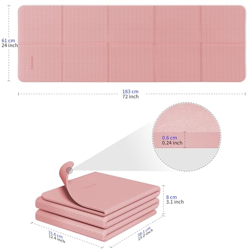 Readaeer Foldable Yoga Mat for Travel Folding Yoga Mat 6mm Thick with Carrying Bag, Non-Slip TPE Exercise Pilates Mat for 72" L x 24" W x 0.24 Inch - color: Pink