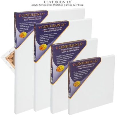 Centurion Deluxe Professional Acrylic Primed Linen Pre-Stretched Canvases, 11oz Linen - 10"x20", Box of 6, 3/4" Deep - Kiln-Dried Stretchers, Back Stapled, Canvas for Painting, Museum Archival Quality
