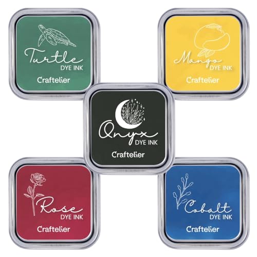 Craftelier - Pack of 5 Water Based Inks Ideal for Acrylic or Rubber Stamps and Porous Surfaces | Pad Size 4 x 4 cm - Box Size 6,3 x 6,3 cm | Rose, Mango, Cobalt, Turtle and Onyx