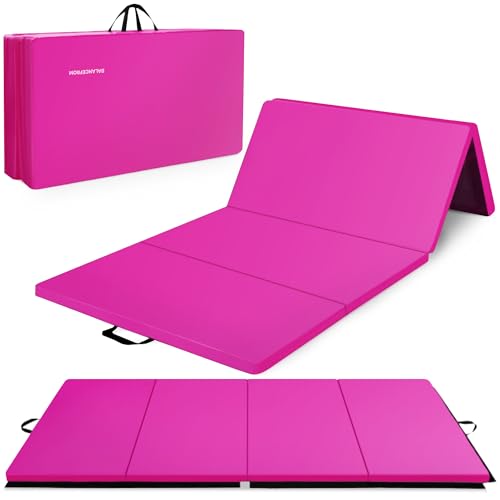 BalanceFrom 10x4 Feet 4-Panel Folding Gymnastics Mat – 2-Inch Thick Pad with Vinyl Surface and Carrying Handles for Tumbling, Yoga, Pilates, Home Workouts, and Martial Arts - color: Pink