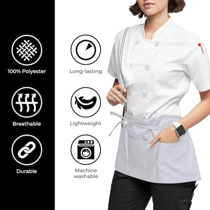 Avalon Kitchen Server Aprons with 3 Pockets – 100% Polyester Waist Apron, 24x12 Inch Half Apron, Waitress Apron for Servers - color: White, style: Pack of 4