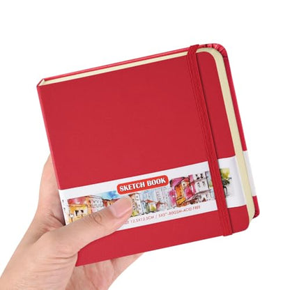 5x5 Pocket Sketch Book,80gsm Hardcover Art Sketchbook for Drawing Journal | PU Cover,Blank Paper,96Sheets/192Pages,Lay-Flat,Portable Travel Creation Paint Diary Memo Planner,Dry Media.Red - color: PU Cover-5x5in-Red