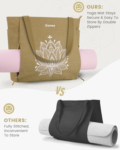 Gonex Yoga Mat Bag with Zipper Mat Carrier Canvas Gym Tote | Durable Canvas, Zipper Closures Prevent Slipping, Quick Access, Bottle Holder, Fits Yoga Blocks, Gym & Travel Use - color: Dark Khaki, size: Classic (15.5×5.5×14.5inch)
