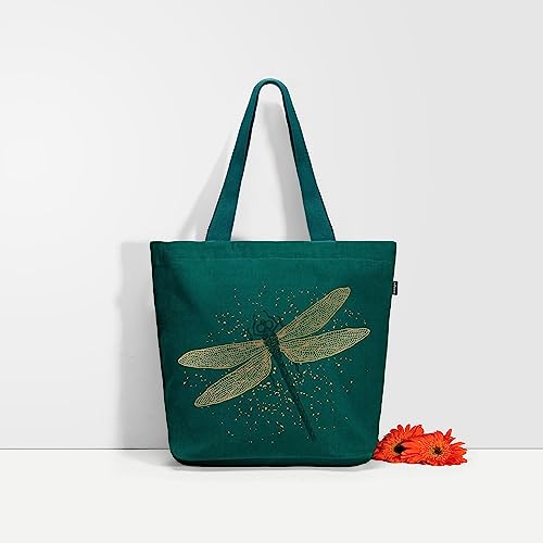 Ecoright Aesthetic Canvas Tote Bag for Women Large Zipper Tote Bags with Pocket, Womens Tote Bag for Yoga, Work, Beach - color: Dragon Fly Flowers