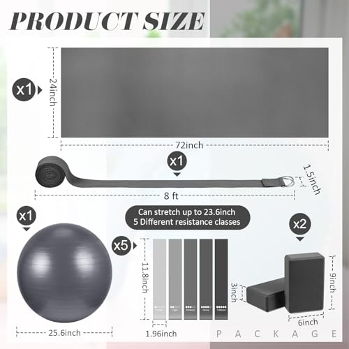 Liliful 10 Pcs Yoga Starter Kit Include 6mm Yoga Mat with Carry Strap, 2 Blocks, 65cm Pilates Ball, Stretch Strap, 5 Resistance Bands with Air Pump Home Workout Set for Beginners Women Men Gym - color: Gray