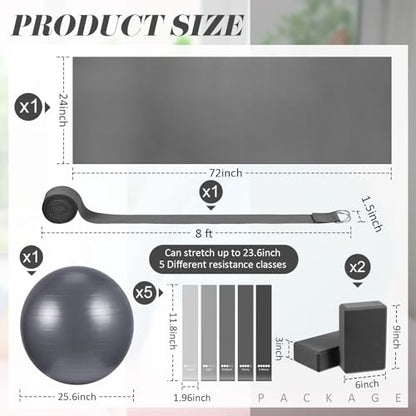Liliful 10 Pcs Yoga Starter Kit Include 6mm Yoga Mat with Carry Strap, 2 Blocks, 65cm Pilates Ball, Stretch Strap, 5 Resistance Bands with Air Pump Home Workout Set for Beginners Women Men Gym - color: Gray
