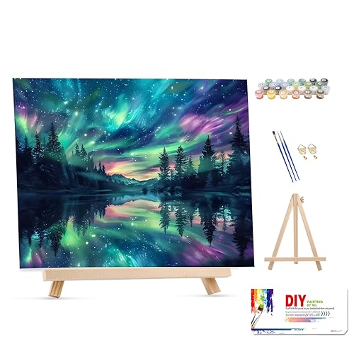 Hutarosl Aurora Paint by Numbers with Frame for Adults - with Wooden Easel,Adult Paint by Number,Aurora Canvas Paint by Numbers for Adults,Gifts and Home Decor 12x16inch - color: Aurora, size: 1 Pack with Frame - 12x16 inches