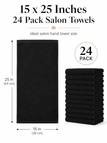 BIOLINEN Salon Towels 24 Pack Black 15x25, 100% Cotton Hand Towels for Bathroom, Bleach Resistant Barber Esthetician Spa Gym Towels, Super Absorbent - color: Black