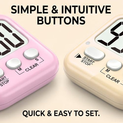 Antonki 2 Pack Digital Timer for Kids Classroom Kitchen Timers for Cooking | w/ Battery, Easy to View, Alarm, Mute Mode, Count Down/Up, Magnetic, Kickstand, Hanging, Classroom Timer for Teacher Supplies - color: 2 * Lovely Pink + Light Peach