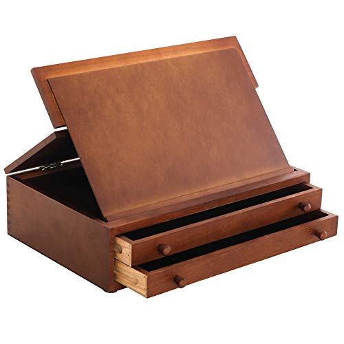 U.S. Art Supply 2-Drawer Artist Tool Supply Box with Locking Clasps & Fold-Up Drawing Easel - Walnut Color Art Box for Artist Supplies, Brushes, Pencils, Erasers, Tool Storage Organizer Case