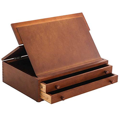 U.S. Art Supply 2-Drawer Artist Tool Supply Box with Locking Clasps & Fold-Up Drawing Easel - Walnut Color Art Box for Artist Supplies, Brushes, Pencils, Erasers, Tool Storage Organizer Case