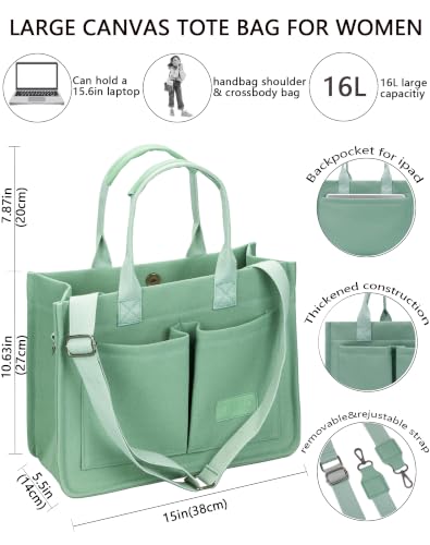ZHMO Canvas Tote Bag for Women,Women's Bags Crossbody Bags Work Laptop Tote Bag Large Handbags Purse for Travel Nurse Teacher - color: Green With Compartments