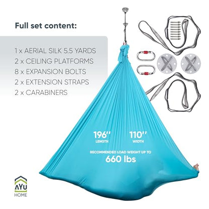 AyuHome Aerial Silks Yoga Swing Aerial Hammock Kit for Home | Premium aerial silks yoga swing kit with rigging hardware for aerial yoga, gymnastics, and home fitness - color: Aerial silk - Blue New