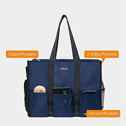 TOPDesign Utility Water Resistant Tote Bag with 13 Pockets, Zipper Closure - color: Blue, size: Large