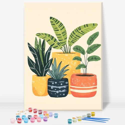 GEEHEIY Framed Paint by Numbers Kit for Adults, Potted Plants, 8 x 12 Inch | DIY Adult Paint by Number Kit for Beginners, Botanical Wall Decor, Stress Relief Craft Gift, Creative Hobby - color: Plants
