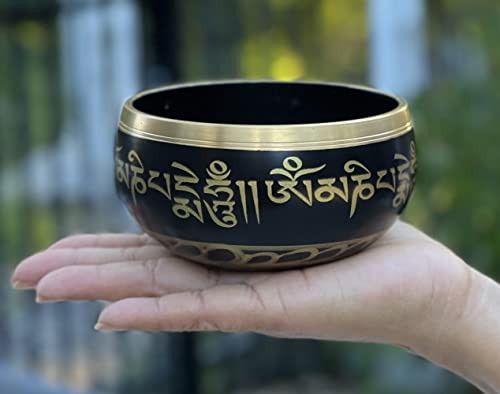 Tibetan Medium Size Singing Bowl Complete Set With Mallet and Brocade Cushion ~ For Meditation, Chakra Healing, Prayer, Yoga - color: Black, size: Medium
