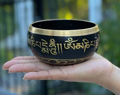 Tibetan Medium Size Singing Bowl Complete Set With Mallet and Brocade Cushion ~ For Meditation, Chakra Healing, Prayer, Yoga - color: Black, size: Medium