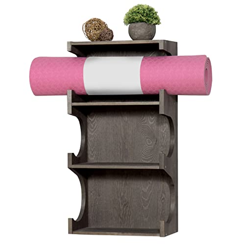 MyGift Yoga Mat Holder with Shelf, Wall Mounted 3 Tier Foam Roller Exercise Mat Storage Rack, Gray Wood Wall Organizer for Home Gym