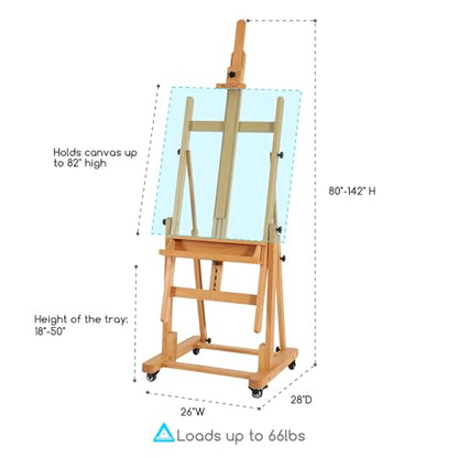 MEEDEN Extra Large Heavy-Duty H-Frame Studio Easel - Solid Beech Wooden Artist Professional Easel, Painting Art Easel Stand with 4 Premium Locking Silent Caster Wheels, Hold Max 82" - color: Natural, size: Large