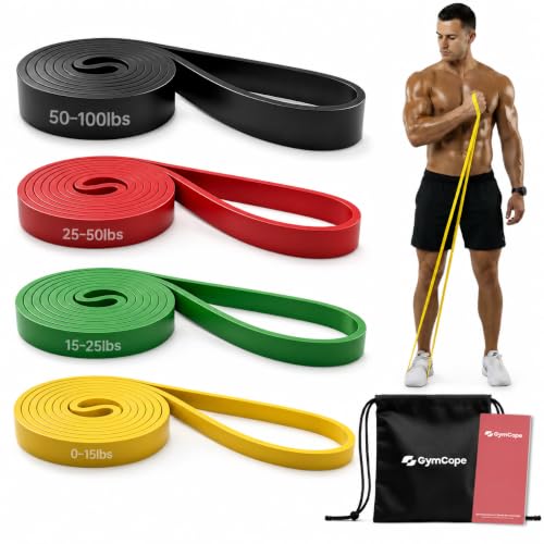 GymCope Pull Up Resistance Bands - Assistance Bands Sets of 3/4/5 for Men & Women, Heavy Duty Workout Exercise Bands for Body Stretching, Muscle Training, Instruction and Carry Bag Included - color: 4-Pack (15~100lbs)