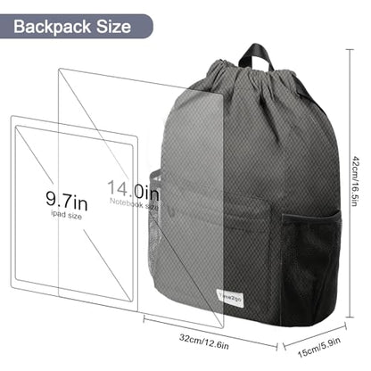 Waterproof Drawstring Backpack Sports Gym Sackpack with Mesh Pockets Water-Resistant String Cinch Beach Bag for Men Women - color: Solid - Gray