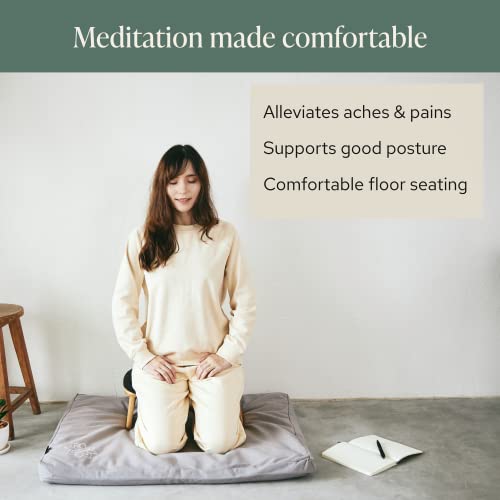 Mindful Modern Bamboo Bench and Zabuton Meditation Mat Bundle - Small Kneeling Meditation Bench with Locking Magnetic Hinges - Wooden Kneeling Ergonomic Bamboo Seiza and Mat for Meditation
