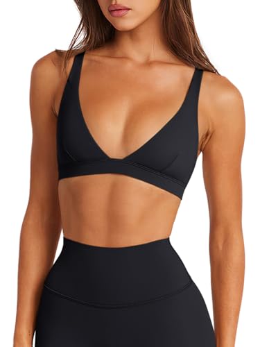 LASLULU Womens Deep V-Neck Sports Bra Padded Low Impact Yoga Workout Bra - color: Black, size: Medium