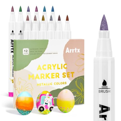 Arrtx 12 Colors Metallic Acrylic Paint Pens for Rock Painting, Extra Fine Tip Metallic Brush Marker for Rock Painting, Ceramic, Glass, Canvas, Mug, Wood, Easter Egg, Waterproof Paint DIY Crafts Making