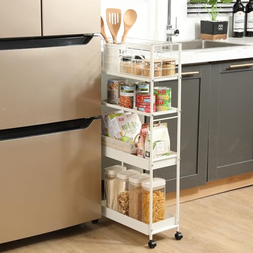KINGRACK 4 Tier Slim Rolling Cart, Metal Utility Storage Cart with Wheels | 5.7" Raised Edge, Narrow Space Trolley Organizer for Bathroom, Kitchen, Office, Dorm, Laundry, Living Room, White - color: White, size: 4-Tier