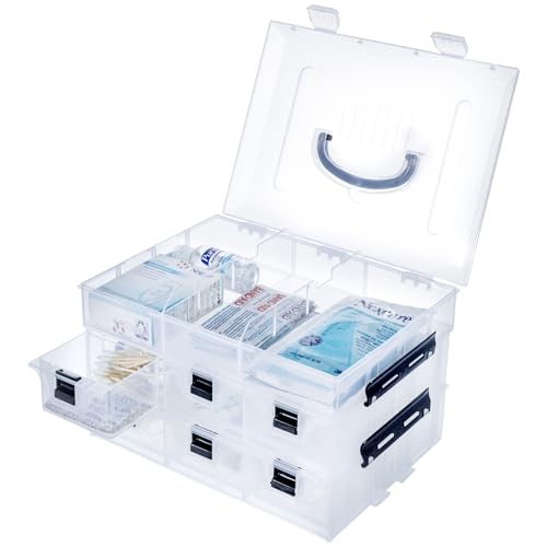 MyGift 11 Inch Clear Plastic Storage Box Container, Arts and Crafts Sewing Supplies Organizer Case with Black Accents, 24 Customizable Compartments, and 6 Drawers with Removable Dividers | Sewing Supplies Organizer Case with Black Accents, 24 Customizable