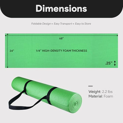 Fitvids All Purpose 1/4-Inch High Density Anti-Tear Exercise Yoga Mat with Carrying Strap, Multiple Colors - color: Green
