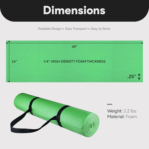 Fitvids All Purpose 1/4-Inch High Density Anti-Tear Exercise Yoga Mat with Carrying Strap with Optional Yoga Blocks, Multiple Colors - color: Green