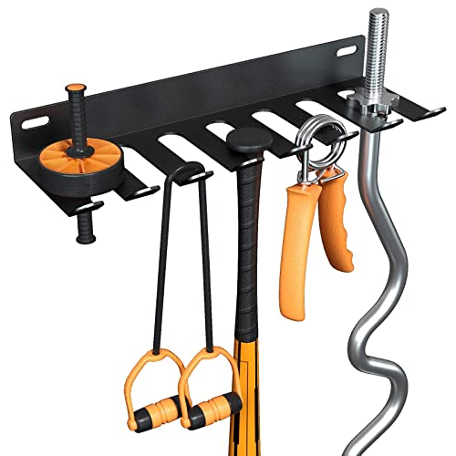Wall Mount Gym Storage Rack, Heavy Duty Alloy Steel Workout Organizer with Carabiners, Hanging Holder for Yoga Mat Foam Roller Resistance Bands Jump Rope, Black