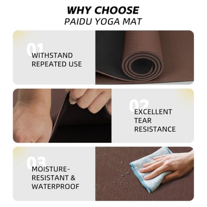 PAIDU Extra Long Wide Yoga Mat, （10mm） Thick Non-Slip Exercise Mat 76"x33" - color: Dark brown + Black