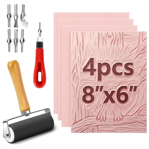4 Pack Pink Rubber Stamp Carving Blocks 8"x6" (0.8cm Thick) with Tools Kit - Soft Linoleum Blocks for DIY Craft Projects, Stamp Making Supplies for Artists & Beginners - size: 8"x6"