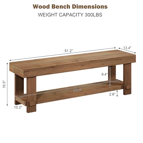 51.2" Solid Wood Bench, Long Farmhouse Narrow Entryway Bench, Natural | with Storage Shelf, Rustic, Easy Assembly, for End of Bed, Indoor, Entryway, Dining Room, Bedroom, Living Room and Hallway - size: 51.2"W