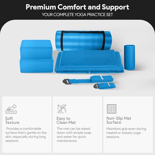 BalanceFrom 7-Piece Yoga Set with 71x24x1 Inches Extra Thick Mat and Carrying Sling – Includes 2 Blocks, Stretch Strap, 2 Towels, and Knee Pad for Home, Studio, and Gym Workouts - color: Blue