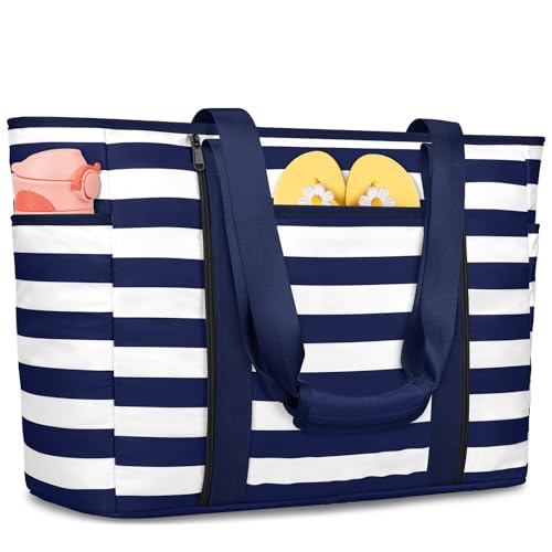Extra Large Beach Bags for Women, Waterproof Sandproof Beach Tote Bag Foldable Swim Pool Bag with Zipper and Wet Pocket - color: Navy Blue and White