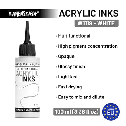 Kamenskaya Acrylic Inks for Artists - White Acrylic Ink, 3.38 Fl Oz (100 ml) | Highly Concentrated, Multifunctional Liquid Acrylic Paint - color: White