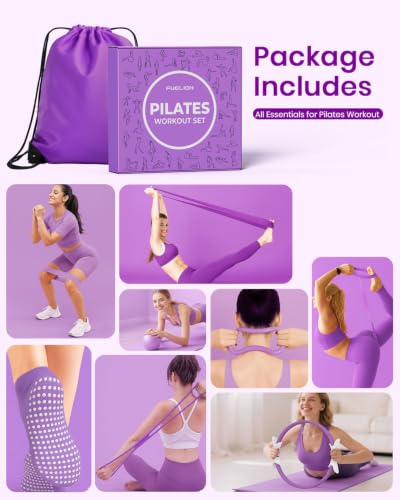 Pilates Ring Set for Women, Home Workout Pilates Equipment with Resistance Bands, 14'' Magic Circle, Mini Ball, Pilates Starter Kit for Strength, Toning and Flexibility - color: Purple, size: Medium-Level2