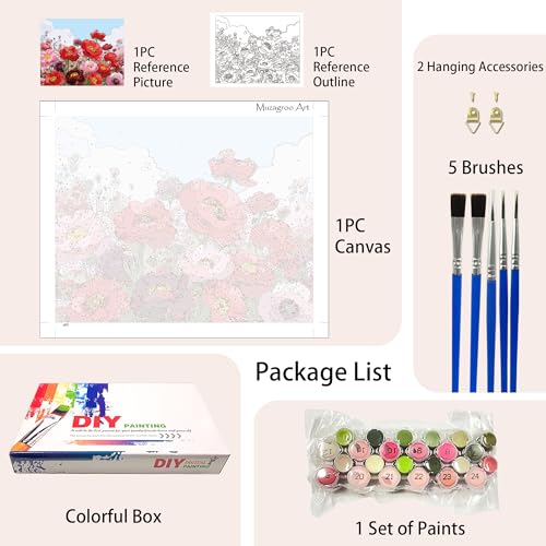 Muzagroo Paint by Numbers Oil Painting Kits for Adults DIY Poppy Flowers Oil Painting for Beginners Hand Crafts Kits with Brushes and Acrylic Paints 16x20 inches (Poppy) - color: Poppy