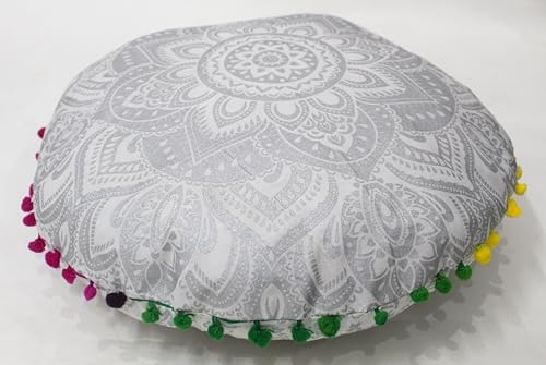 Round Mandala Floor Pillow Cover Seating Cushion Throw Cover Hippie Decorative Bohemian Ottoman Pouf Cover, Pom Pom Pillow Cases,Boho Indian 32 Inches Matellic Silver - color: Metallic Silver, size: 32" Round